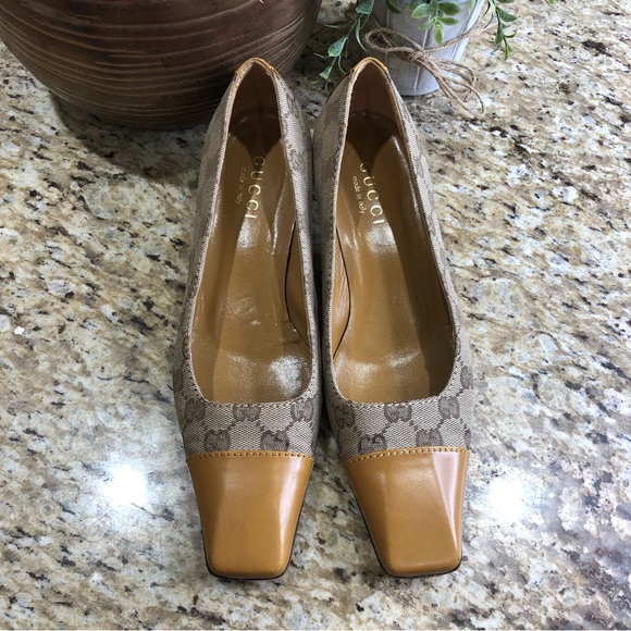 Gucci Mustard Leather Tan GG Canvas Square Toe Kitten Heels w/ Wooden Heels 7.5 - Picture 3 of 10